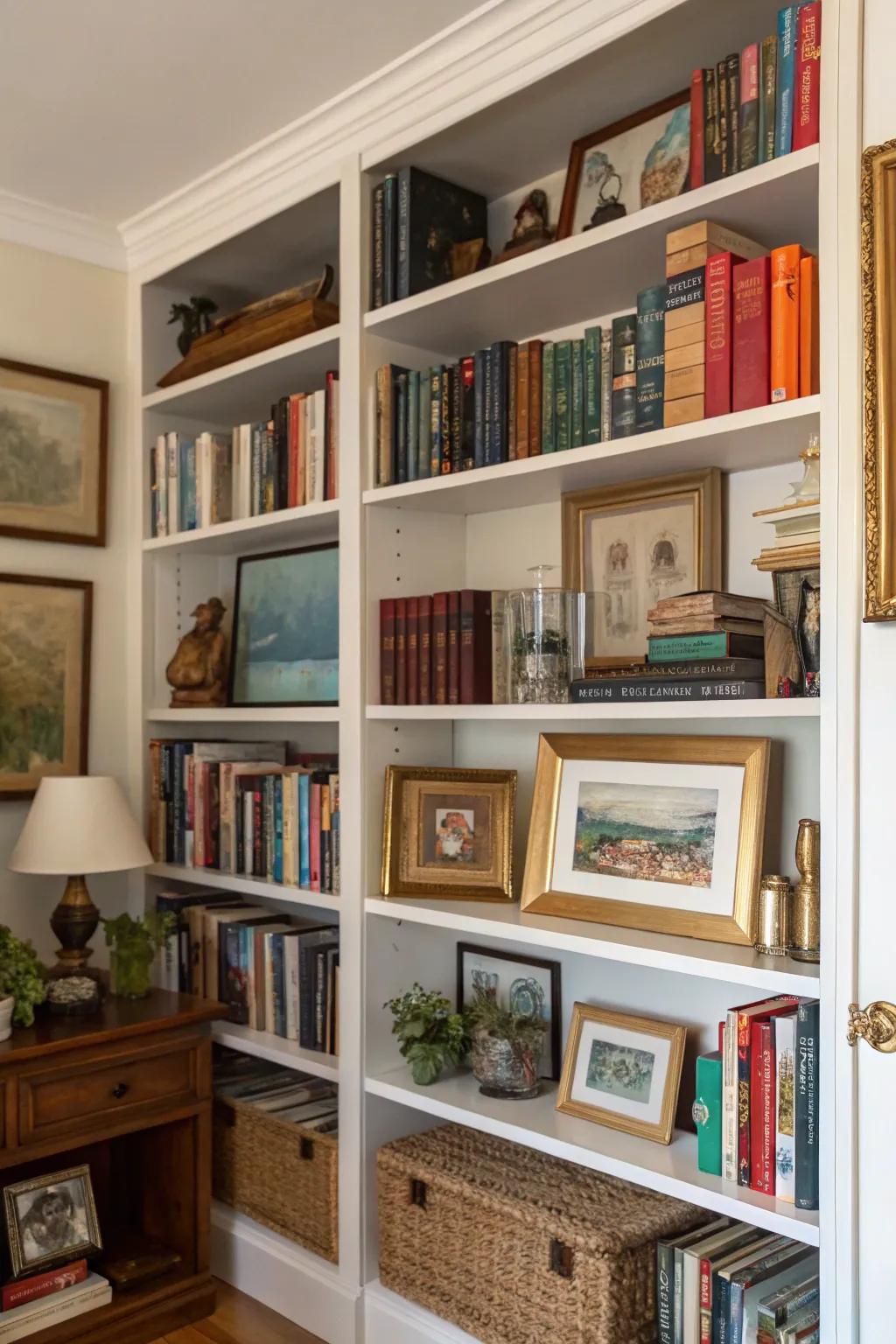 Displaying art pieces introduces personalized flair to your living room bookshelves.