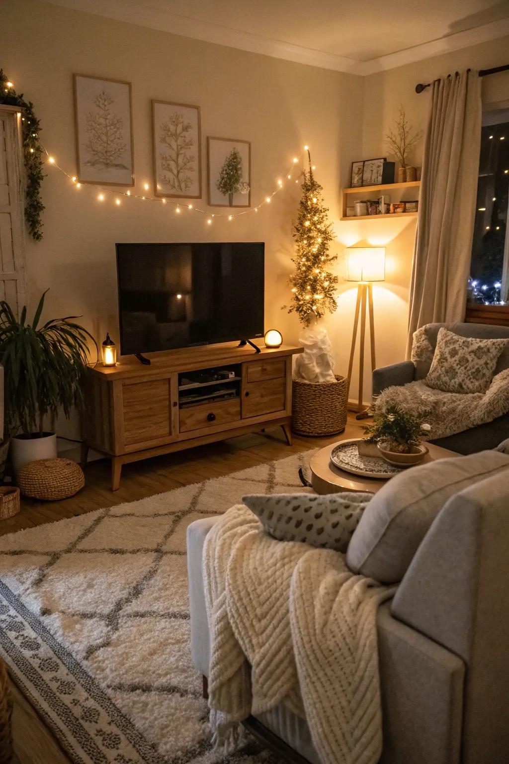 Ambient lighting enriches the cozy atmosphere of this living space.