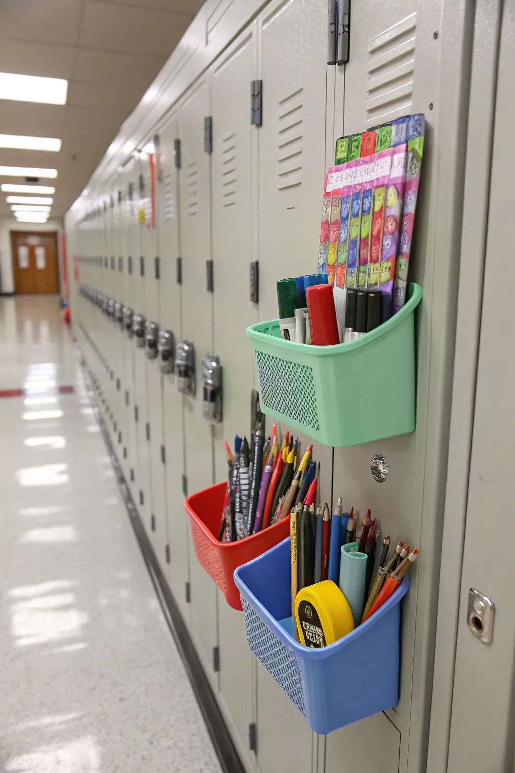 Affixable containers inside a locker, keeping supplies neatly organized and readily accessible.