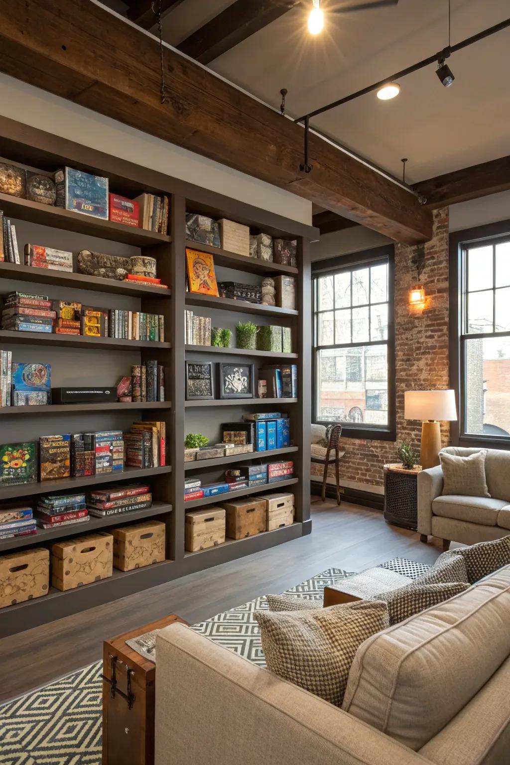 Integrated shelving provides options for both storage and showcasing decorative items.