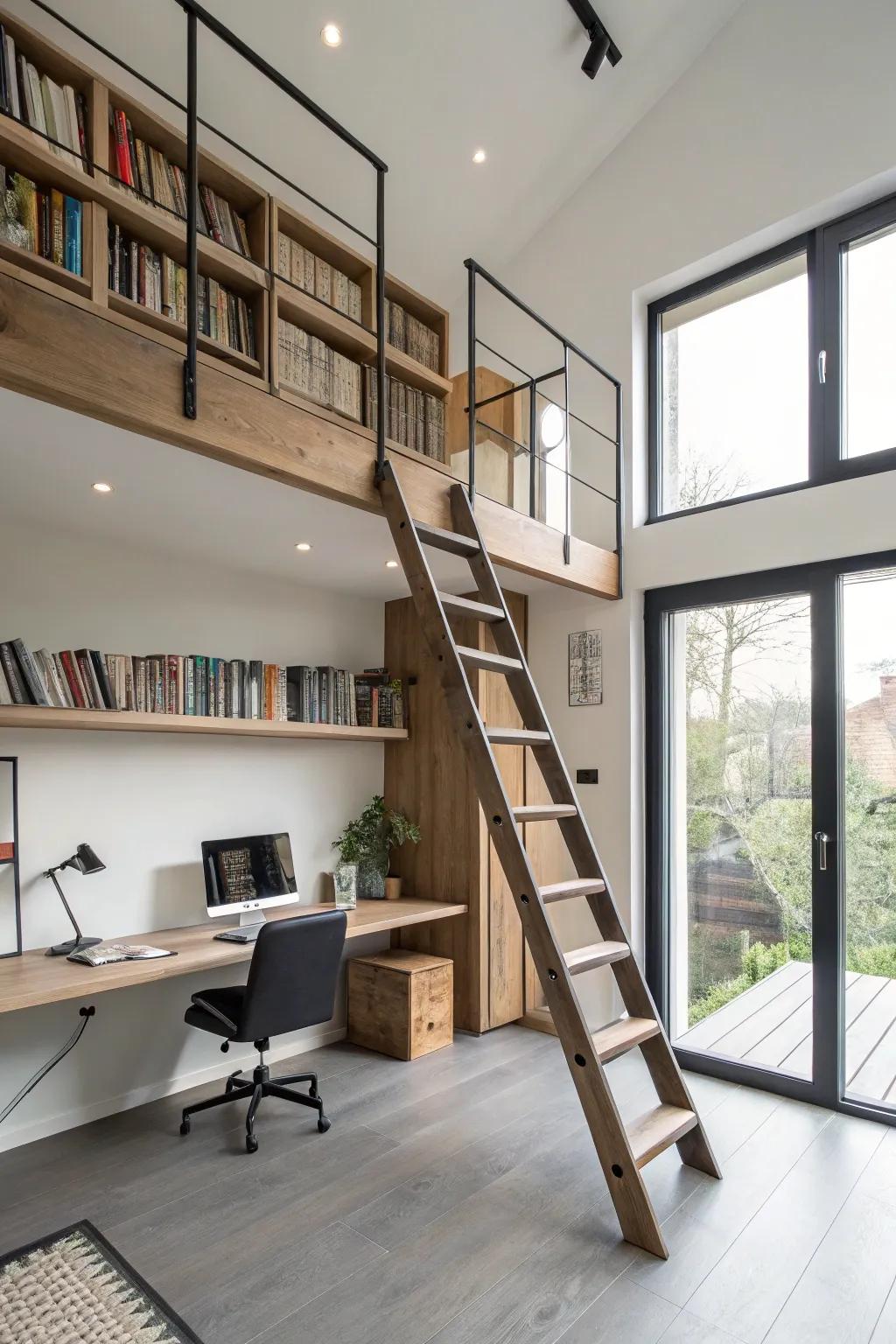 Creative loft ladder featuring built-in storage.