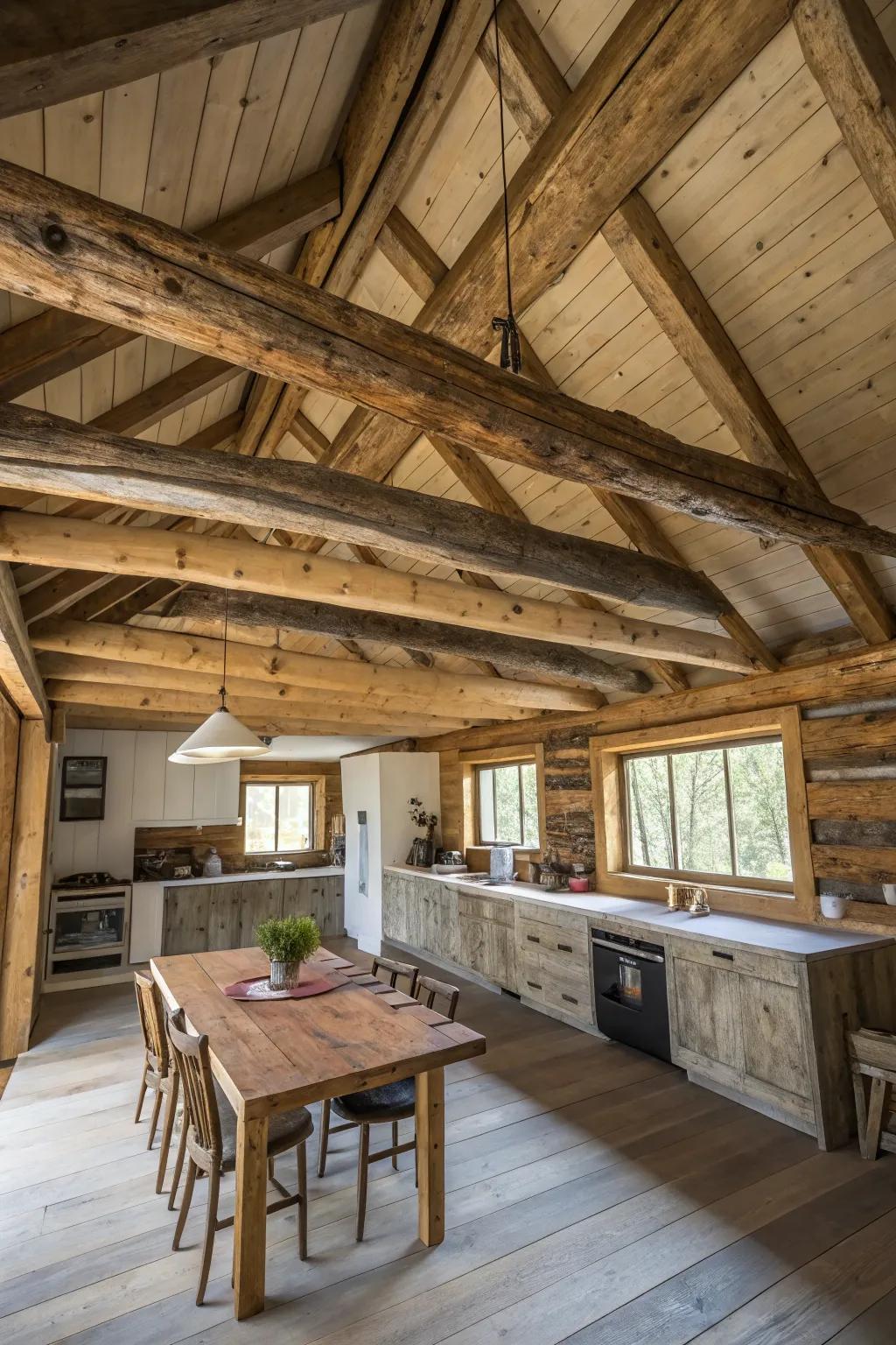 A roomy log cabin kitchen with striking visible wooden supports.