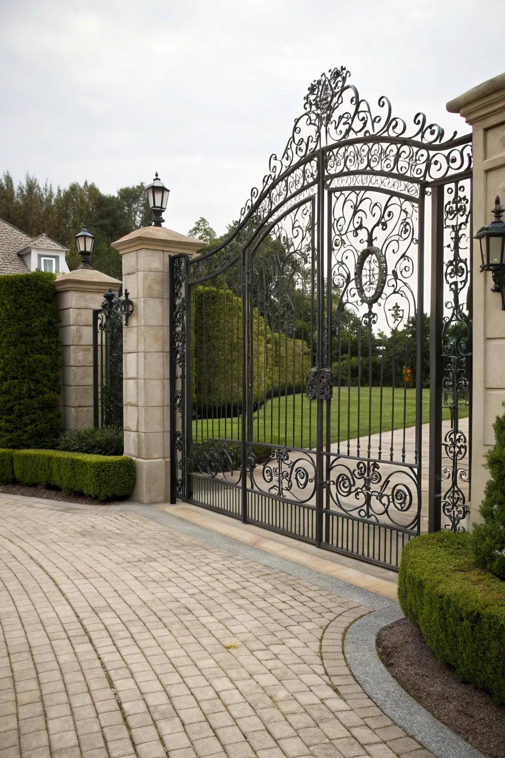 Imposing gates mark the entryway, enhancing the driveway&rsquo;s elegance.