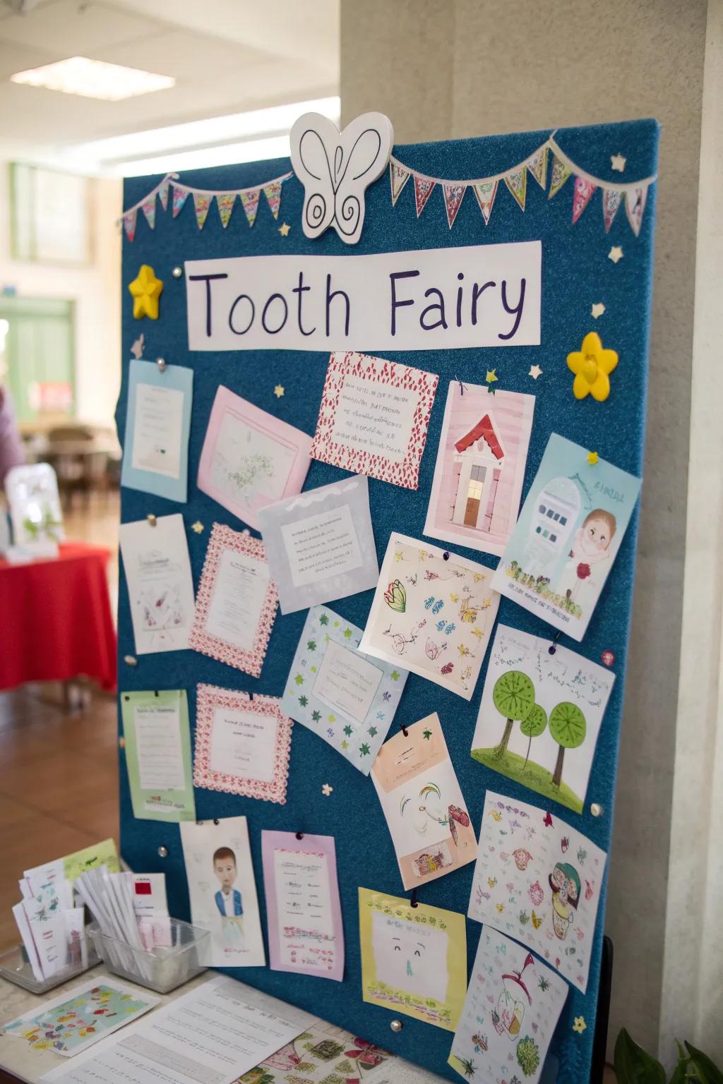 A whimsical bulletin board showing notes to the Tooth Visitor.