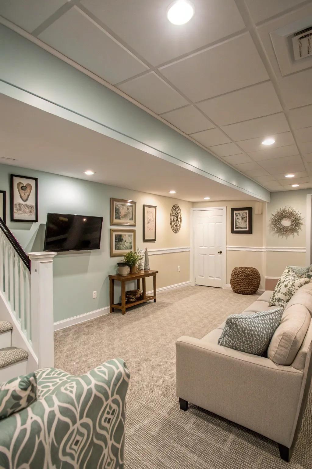 Light colors help the basement feel larger and more inviting.