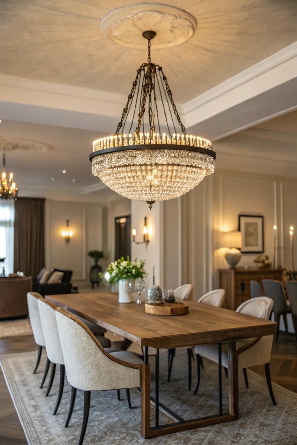 A sophisticated compact chandelier enhances a dining room.