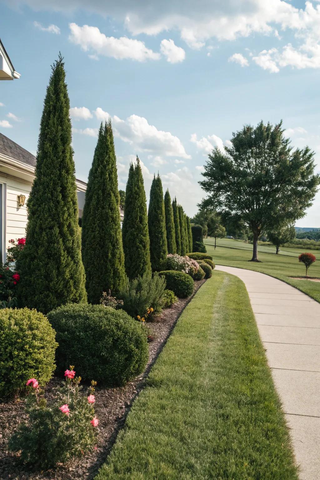 A display of evergreen shrubs ensures year-round greenery.