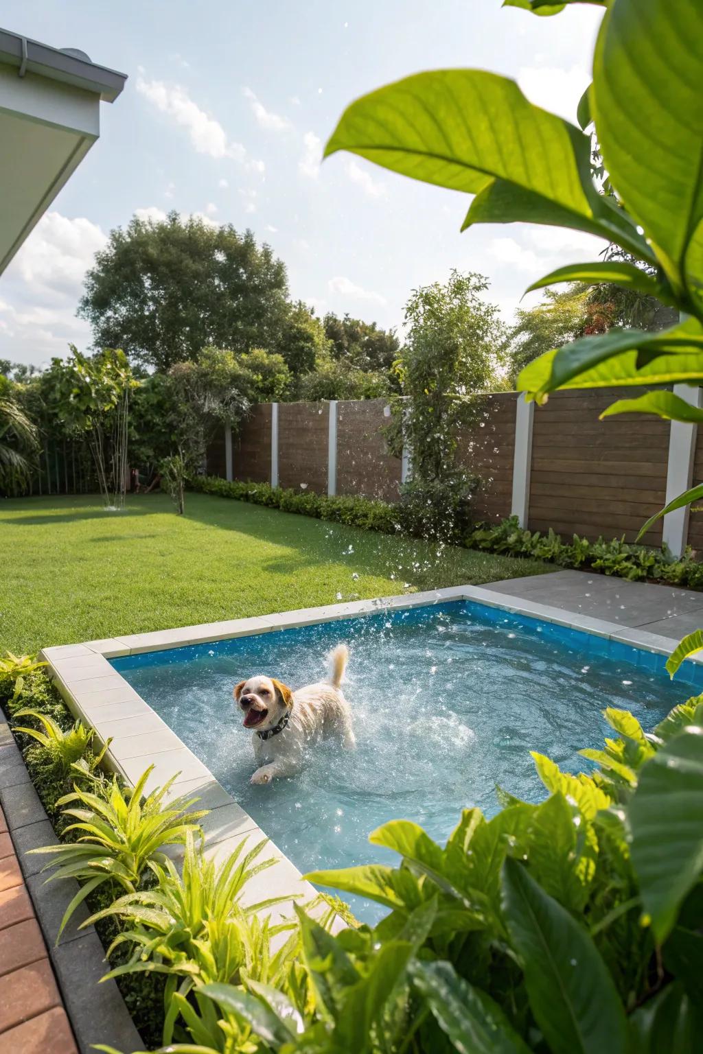 A fun splash pool in a garden designed for pets.