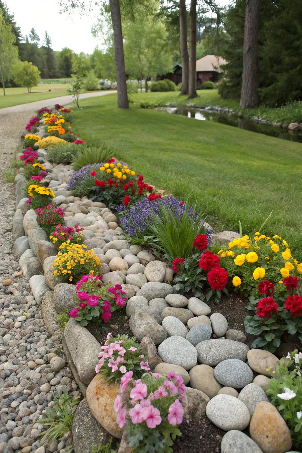 Enhance your flowerbeds with stylish pebble stone borders.