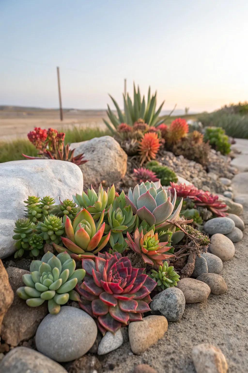 Fleshy flora nestled among stones for a sustainable garden arrangement.