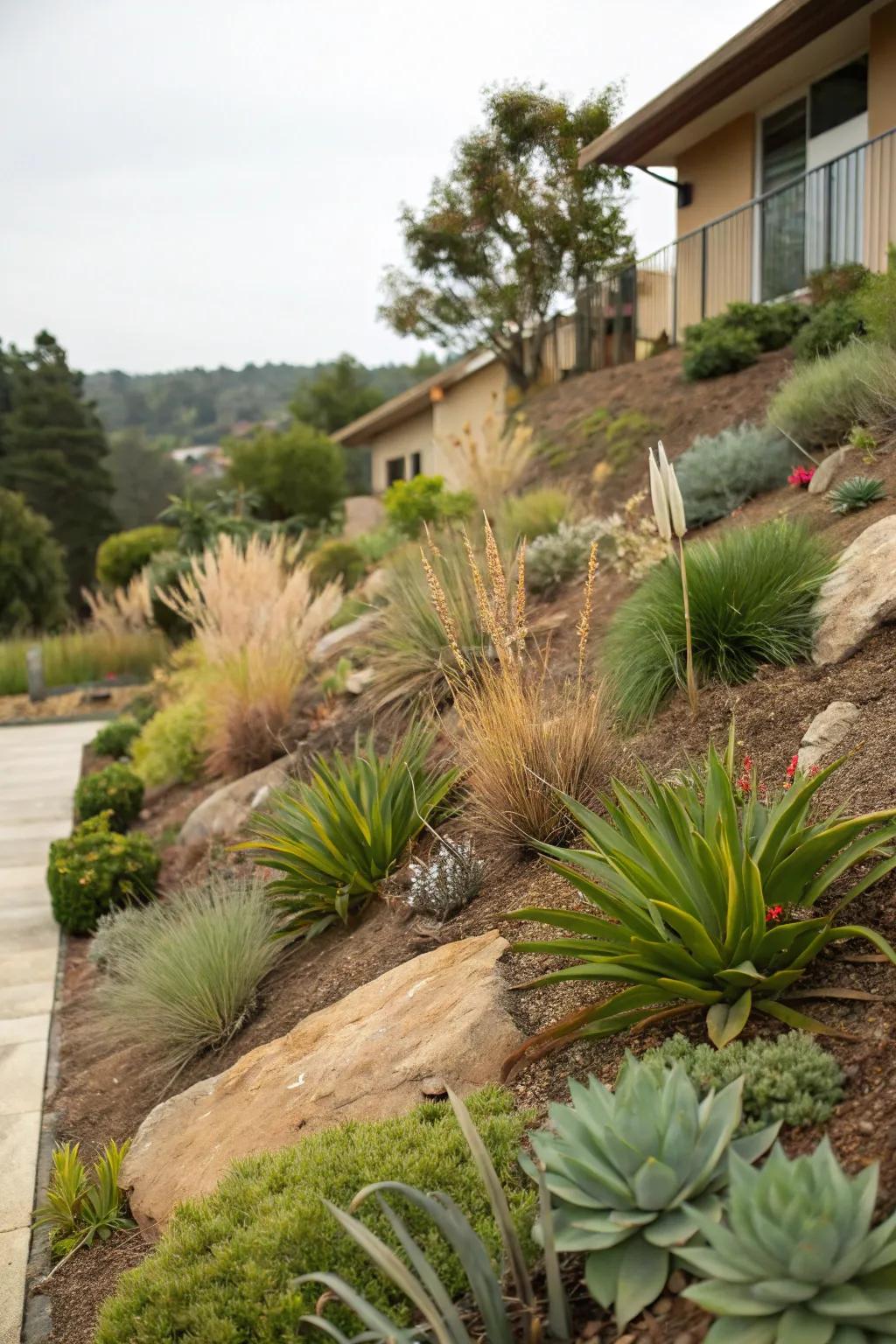 Drought-resistant plants bring color and ease to any slope.