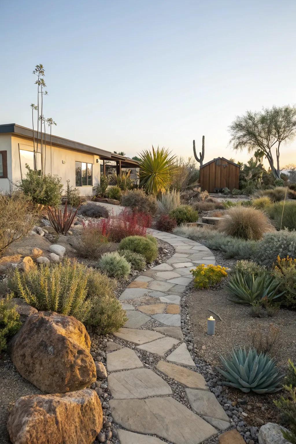 Stone walkways provide both useful pathways and attractive visual elements to a xeriscape garden.