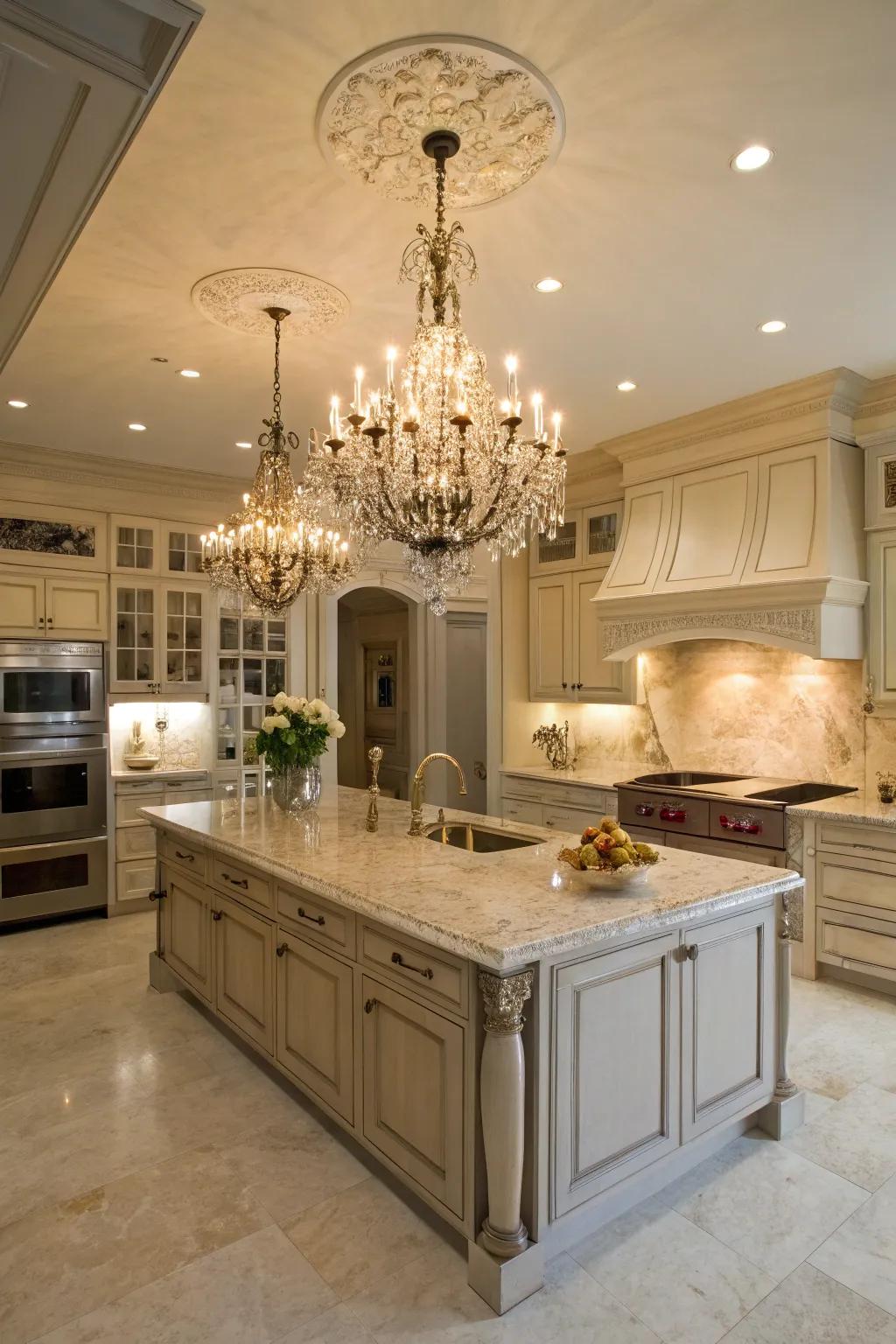 Decorative hanging light as a highlight in a luxury kitchen.