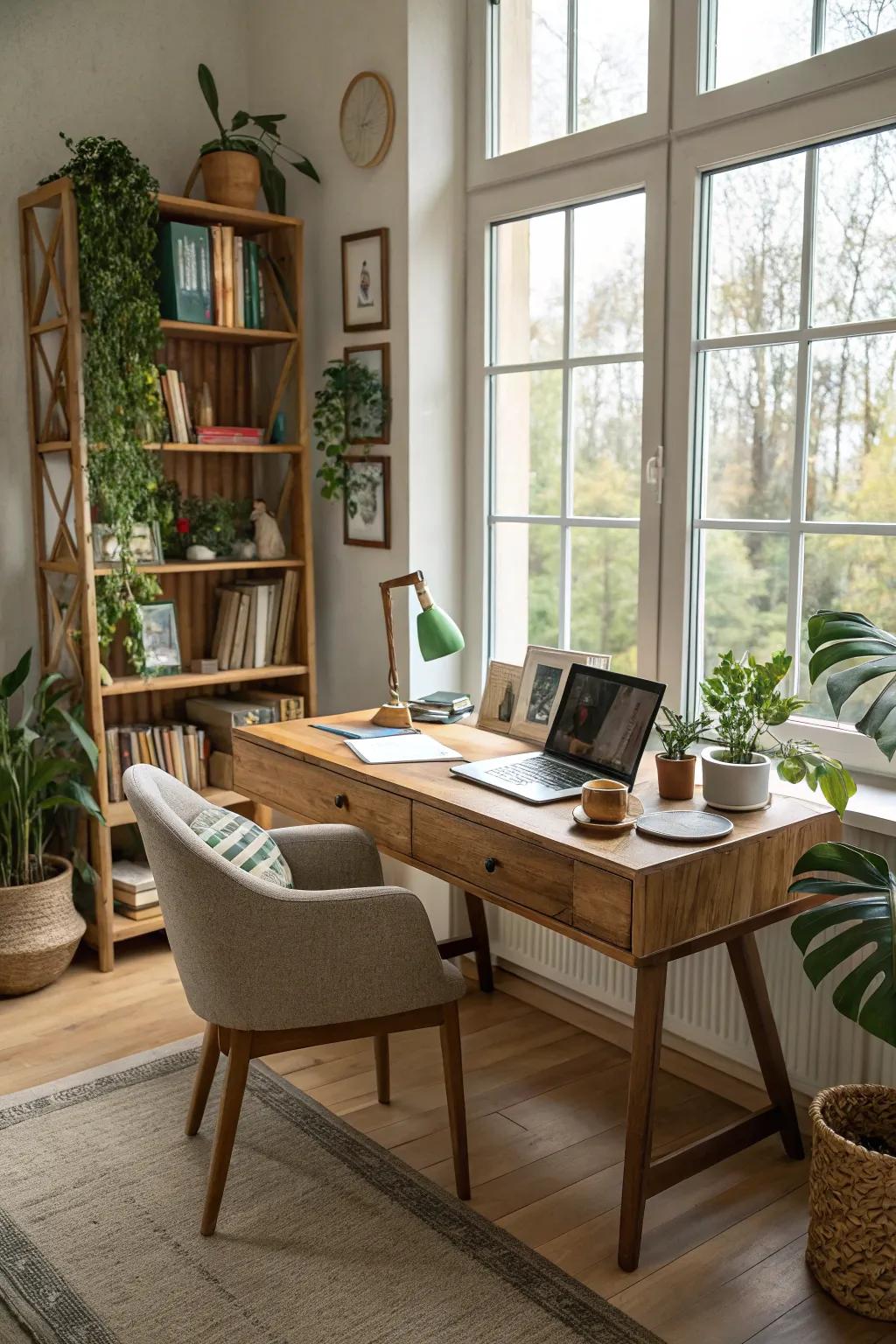 A vibrant home office bathed in sunlight from expansive windows.