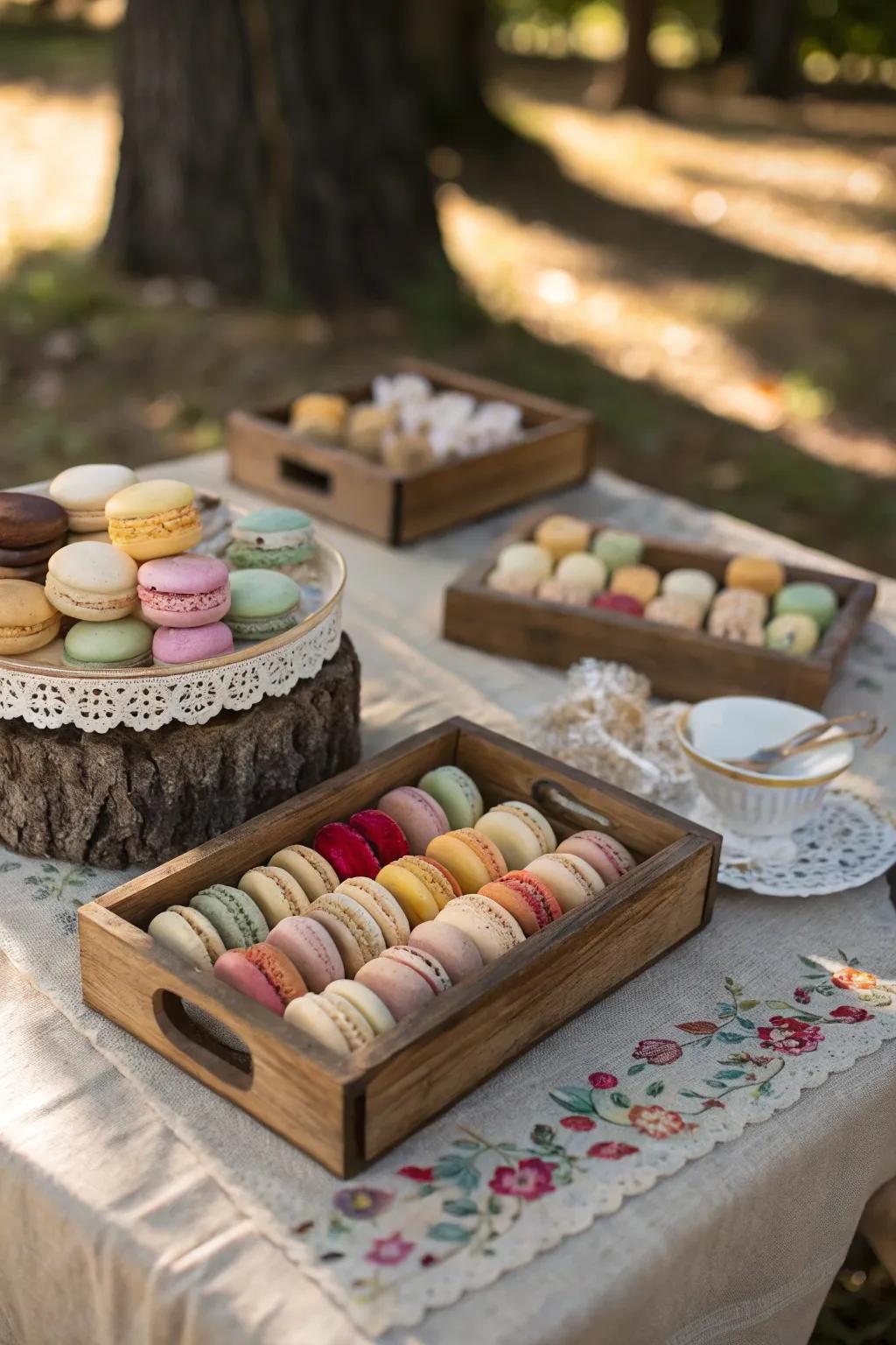 Natural timber platters showcasing assorted macarons.