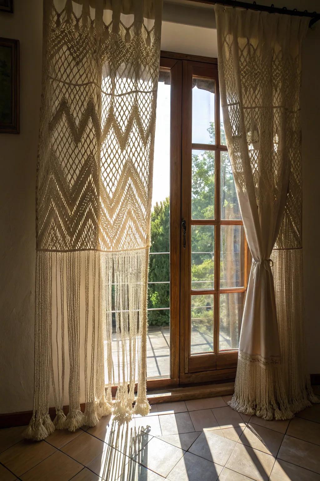 Macrame window treatments contribute to a gentle, heartfelt sensation in a bedroom.