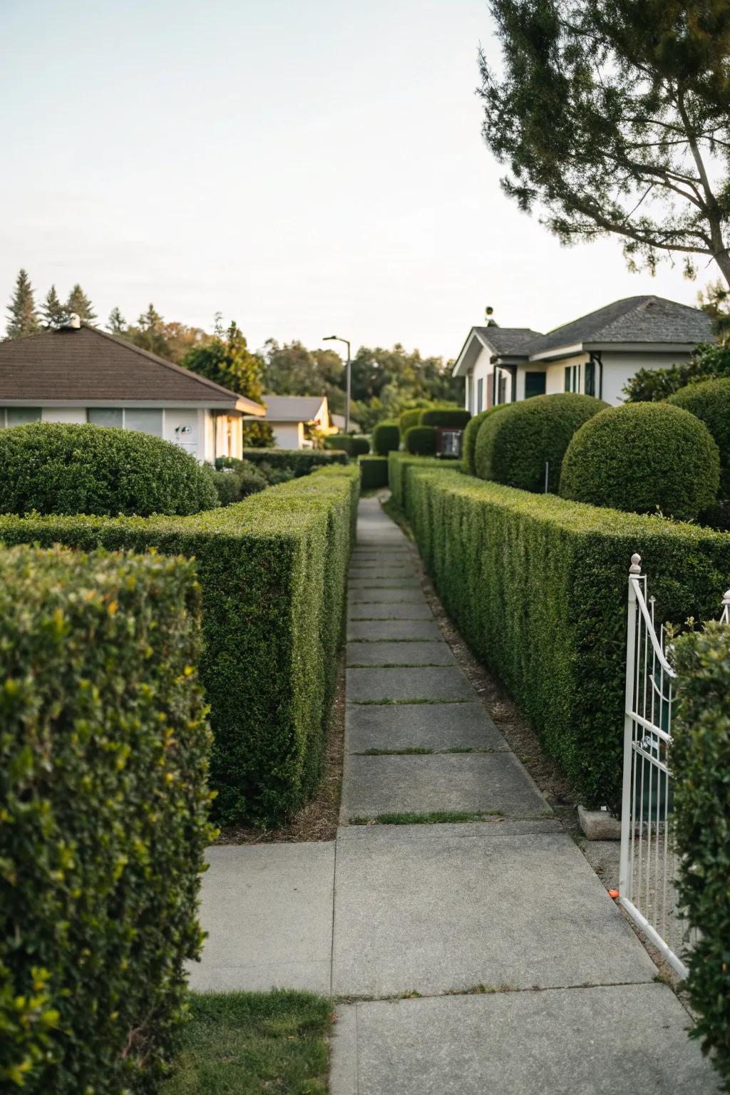 Meticulously pruned shrubbery directing towards the entrance.
