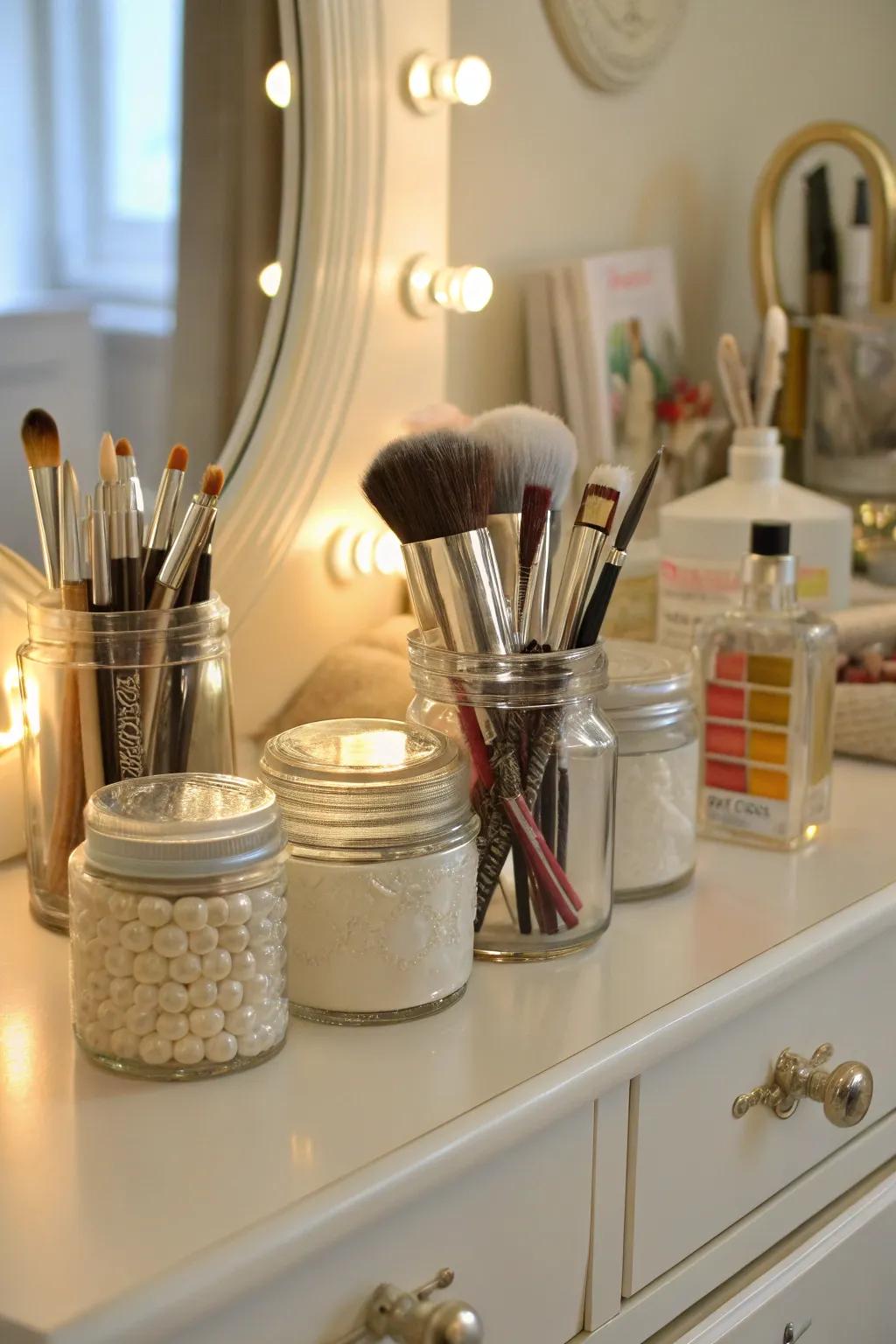 Upcycled jars offer an eco-friendly and chic method to store brushes.