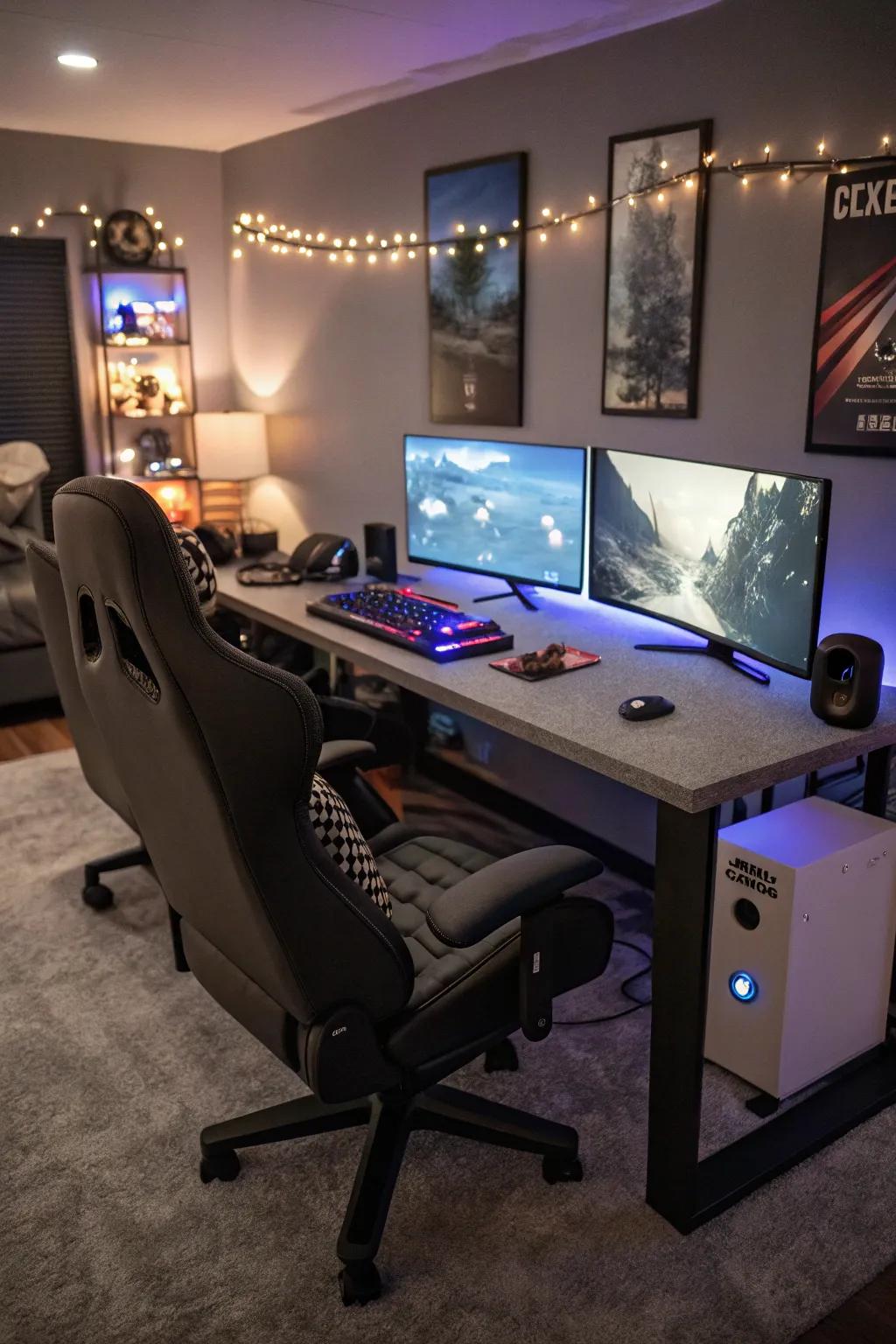 A gaming paradise featuring ergonomic seating and multiple screens.