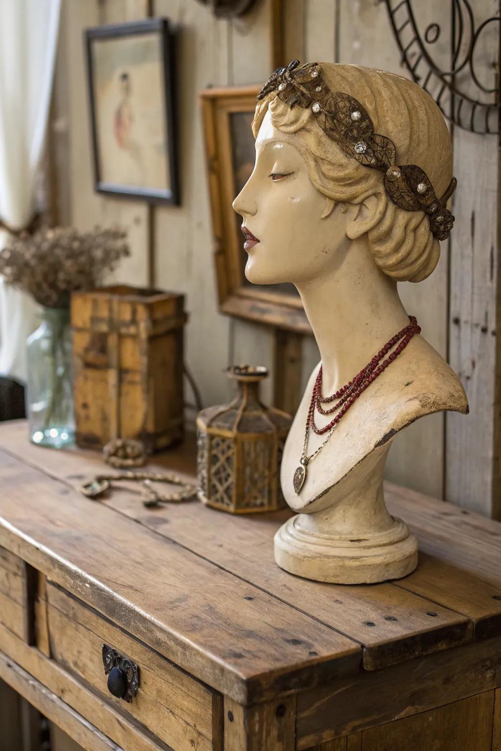 Vintage touches infuse mannequin head art with a nostalgic appeal.