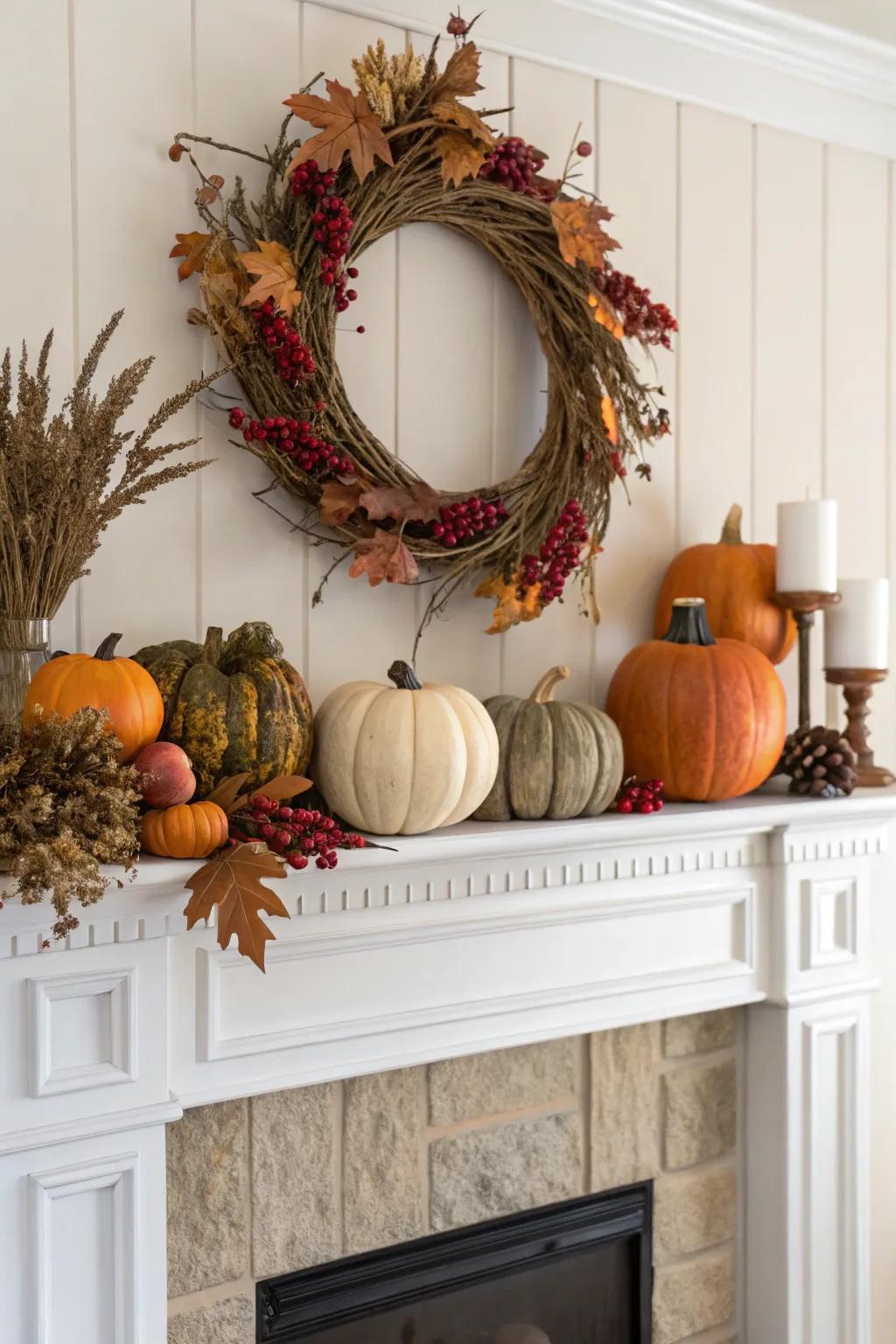 Seasonal elements revitalize any mantel.