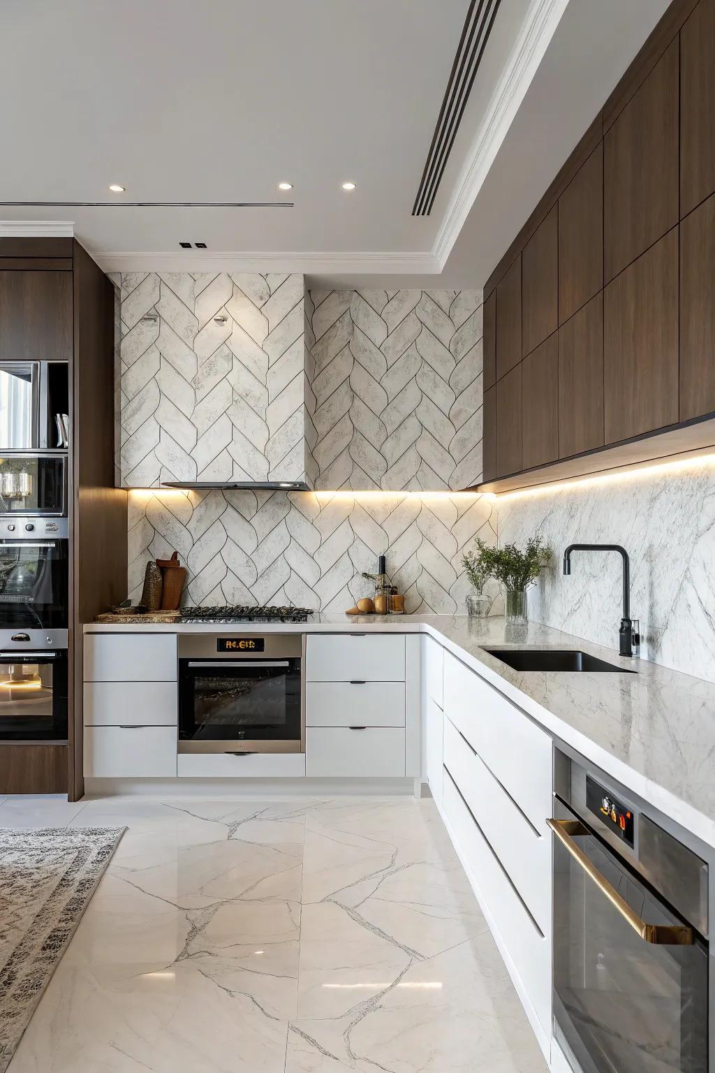 Elegant herringbone pattern marble backsplash in a contemporary kitchen setting.