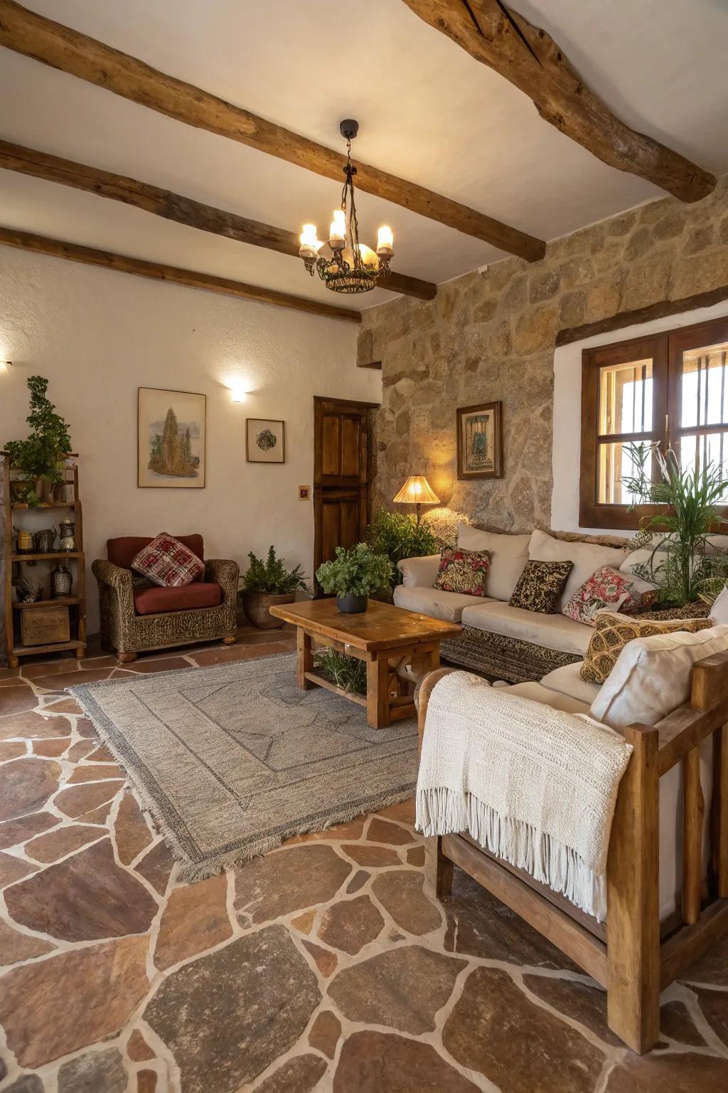 Earth-toned marble introduces warmth and rustic charm.