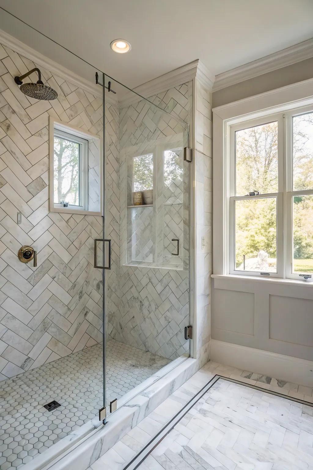 Chevron patterns infuse dynamic beauty into your shower.