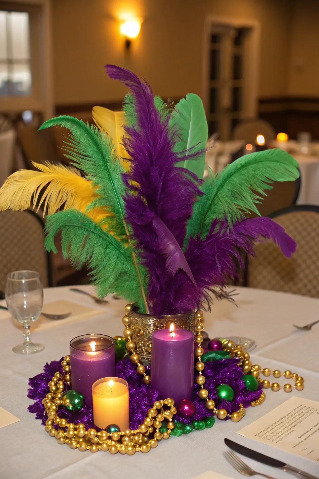 Transform your table with a plume-filled Carnival centerpiece.