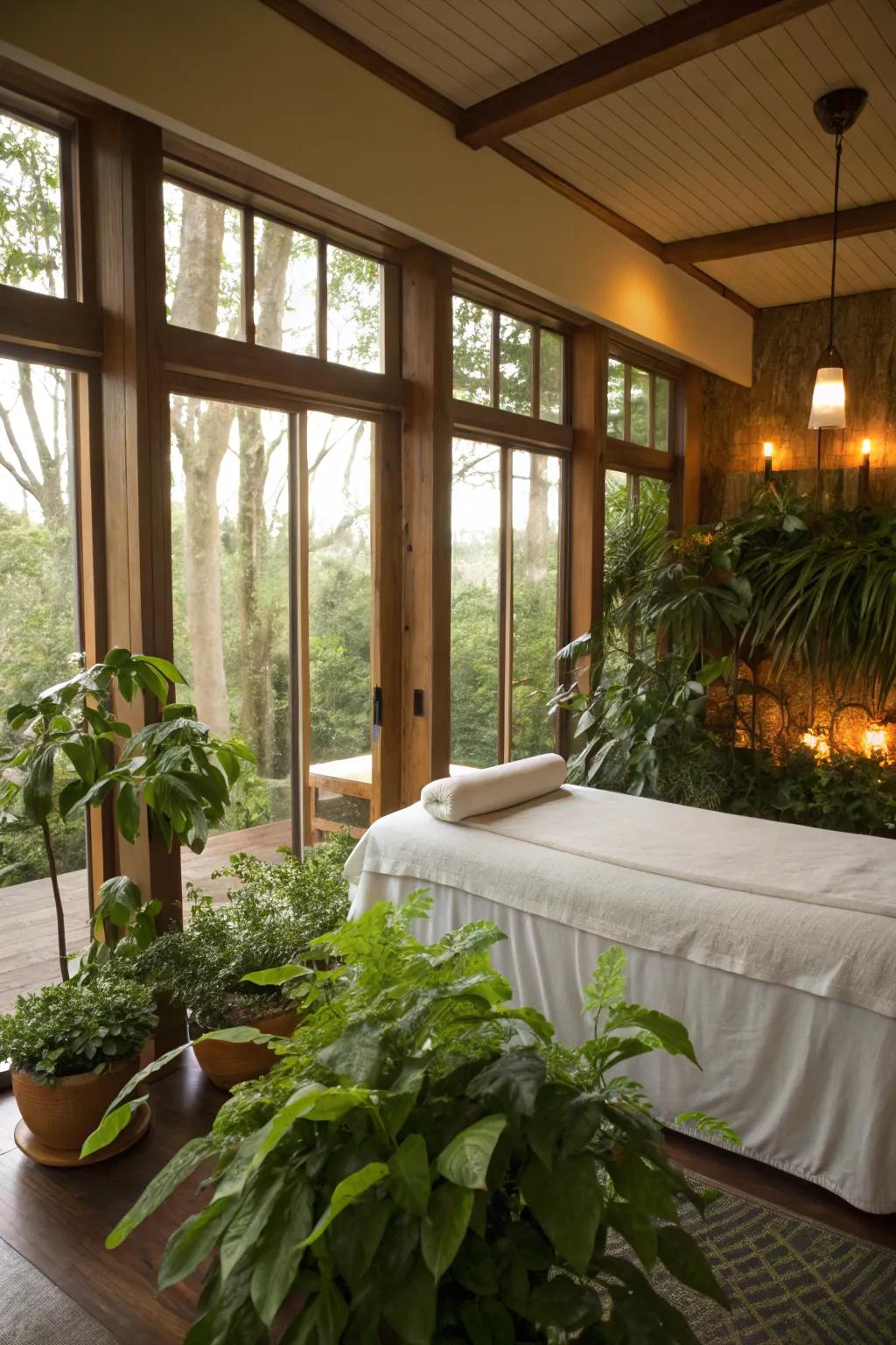 A massage room featuring lush greenery and natural light.