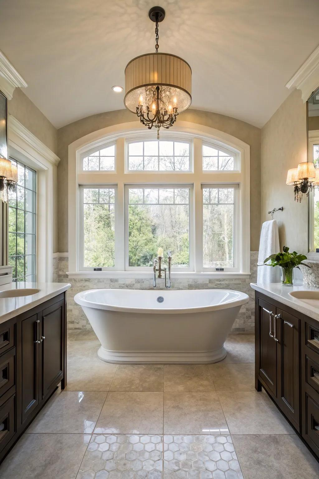 A freestanding tub serves as a stunning key feature in this refined bathroom.