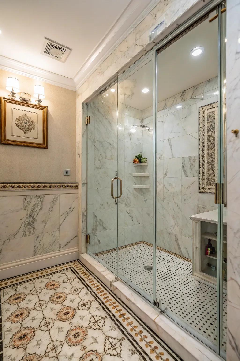 A walk-in shower showcasing elegant stone and ceramic detailing.