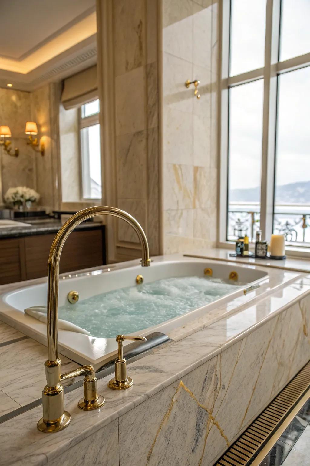 Advanced fixtures add a touch of sophistication to the whirlpool tub area.