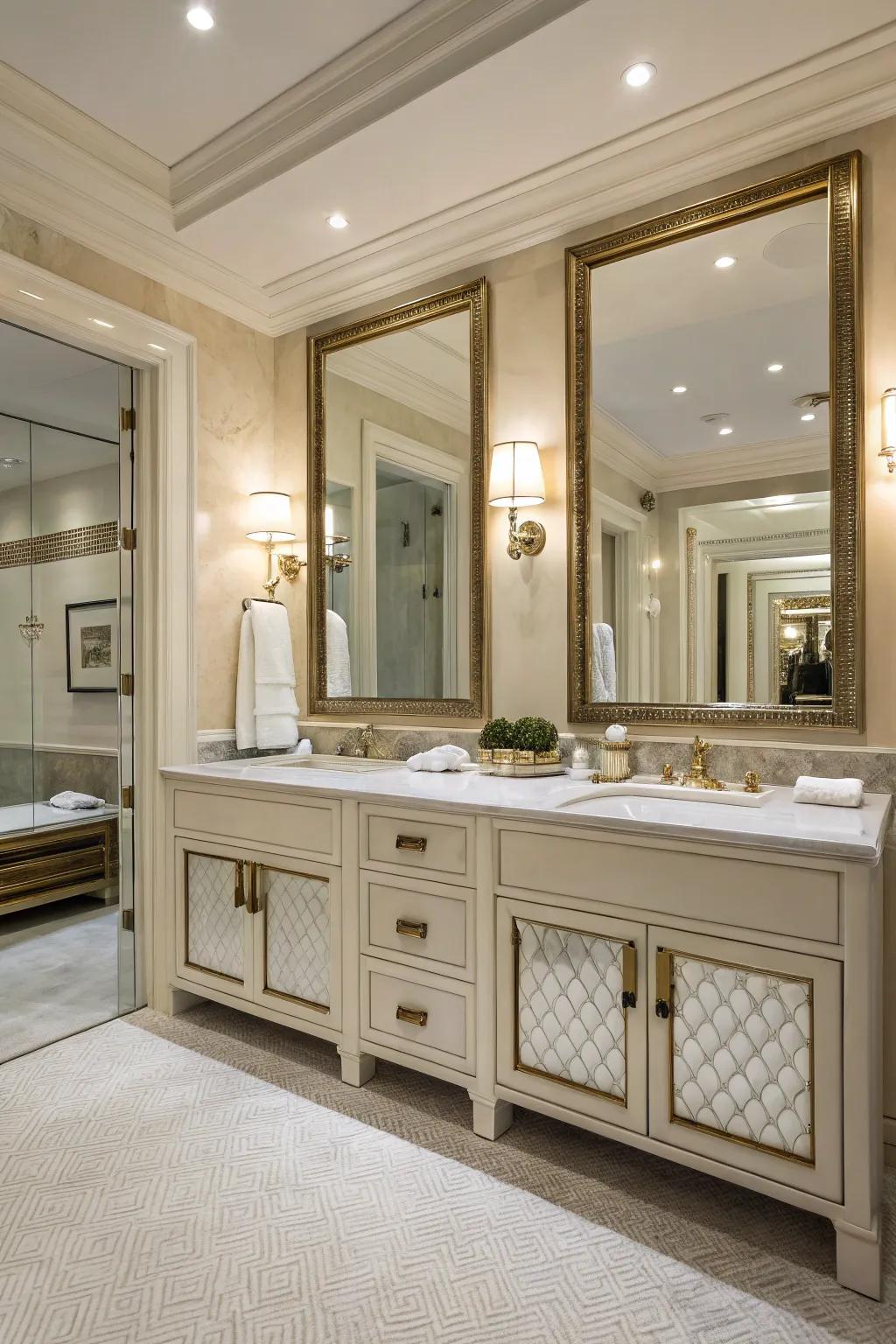 Sophisticated bathroom showcasing dual sink consoles and fashionable mirrors.