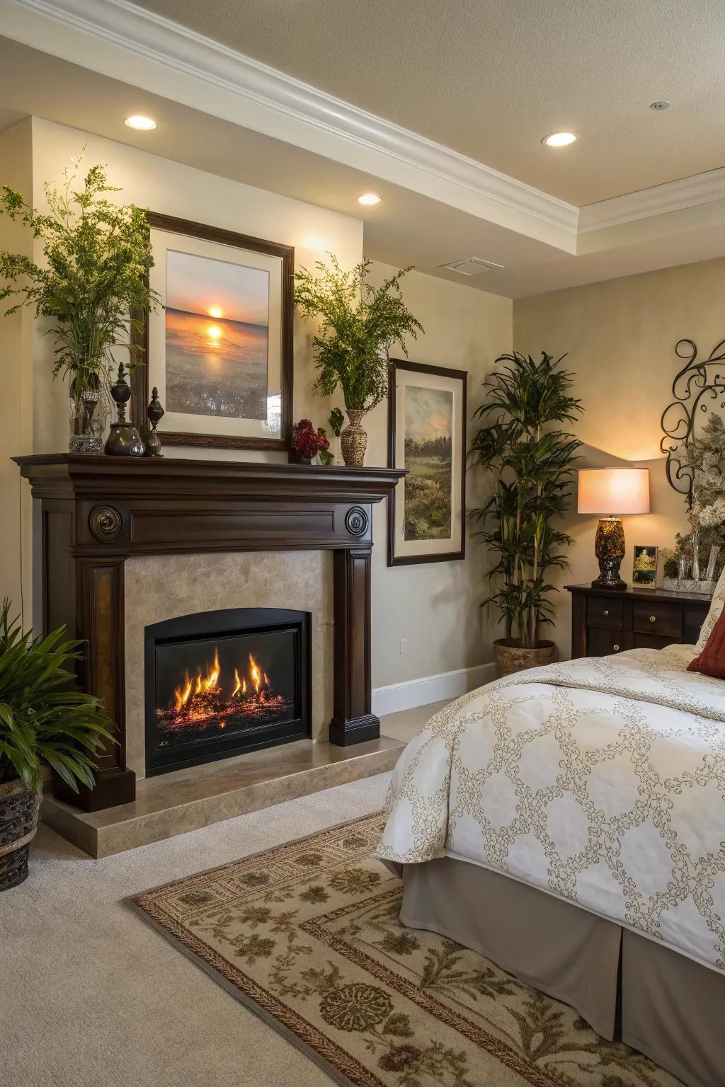 An electric fireplace seamlessly integrated with artwork and plants enhances the room's decor.