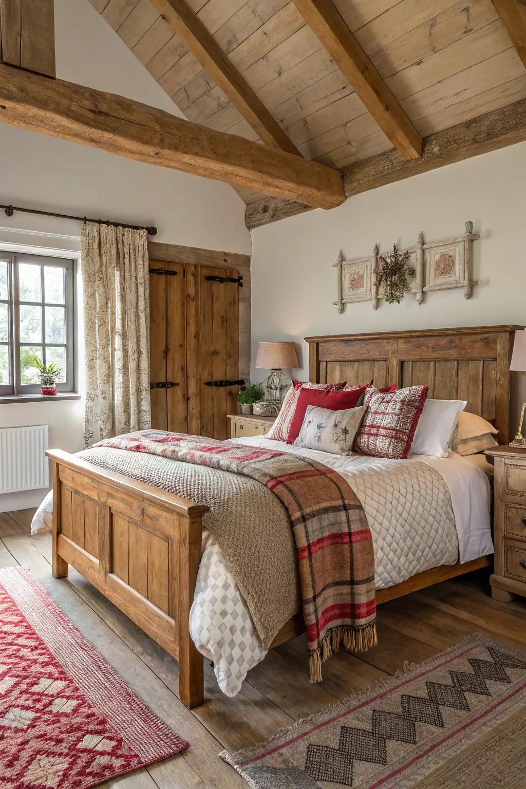 Welcoming and snug farmhouse bedding featuring layered textures