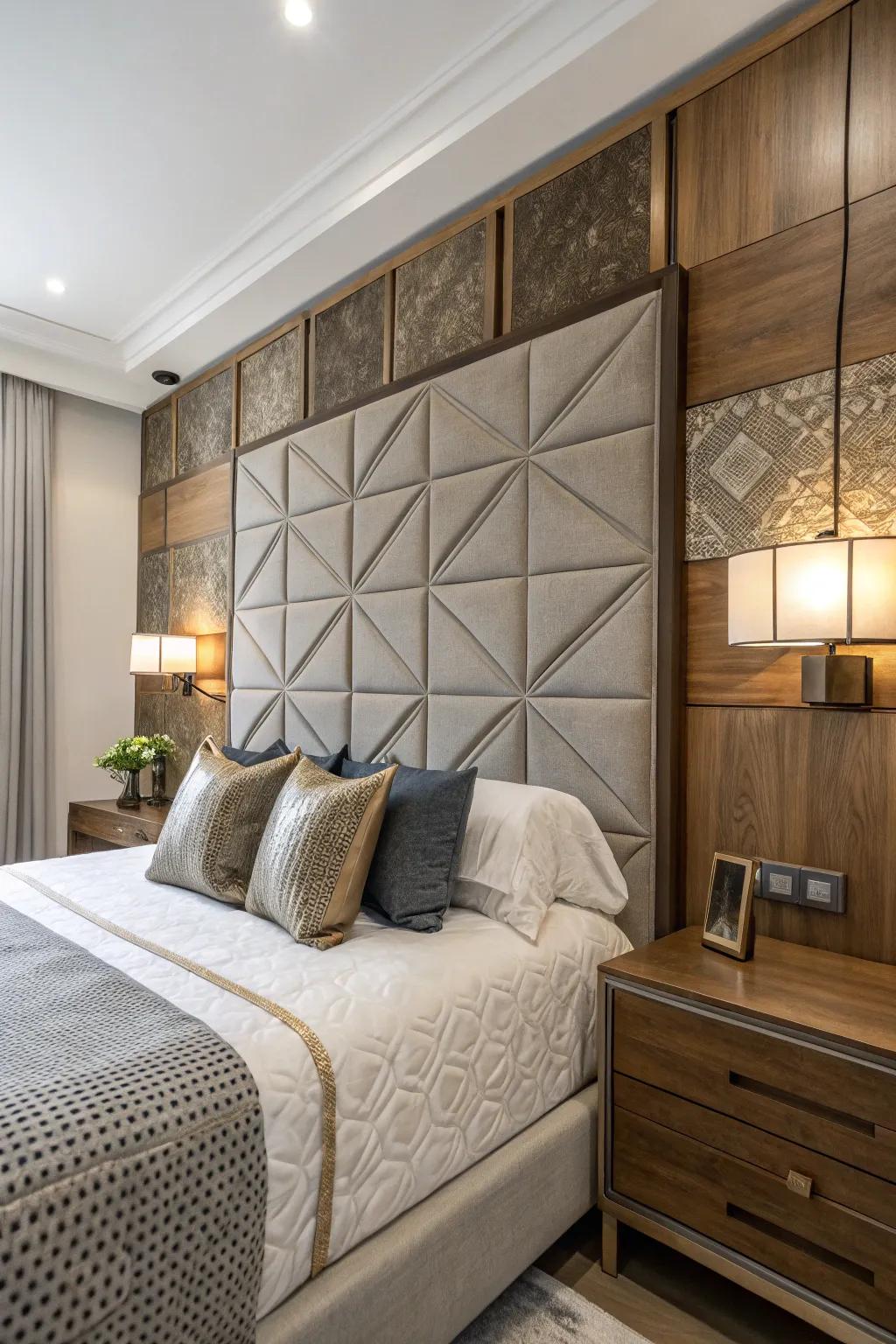 Add depth and interest with a headboard wall featuring mixed materials.