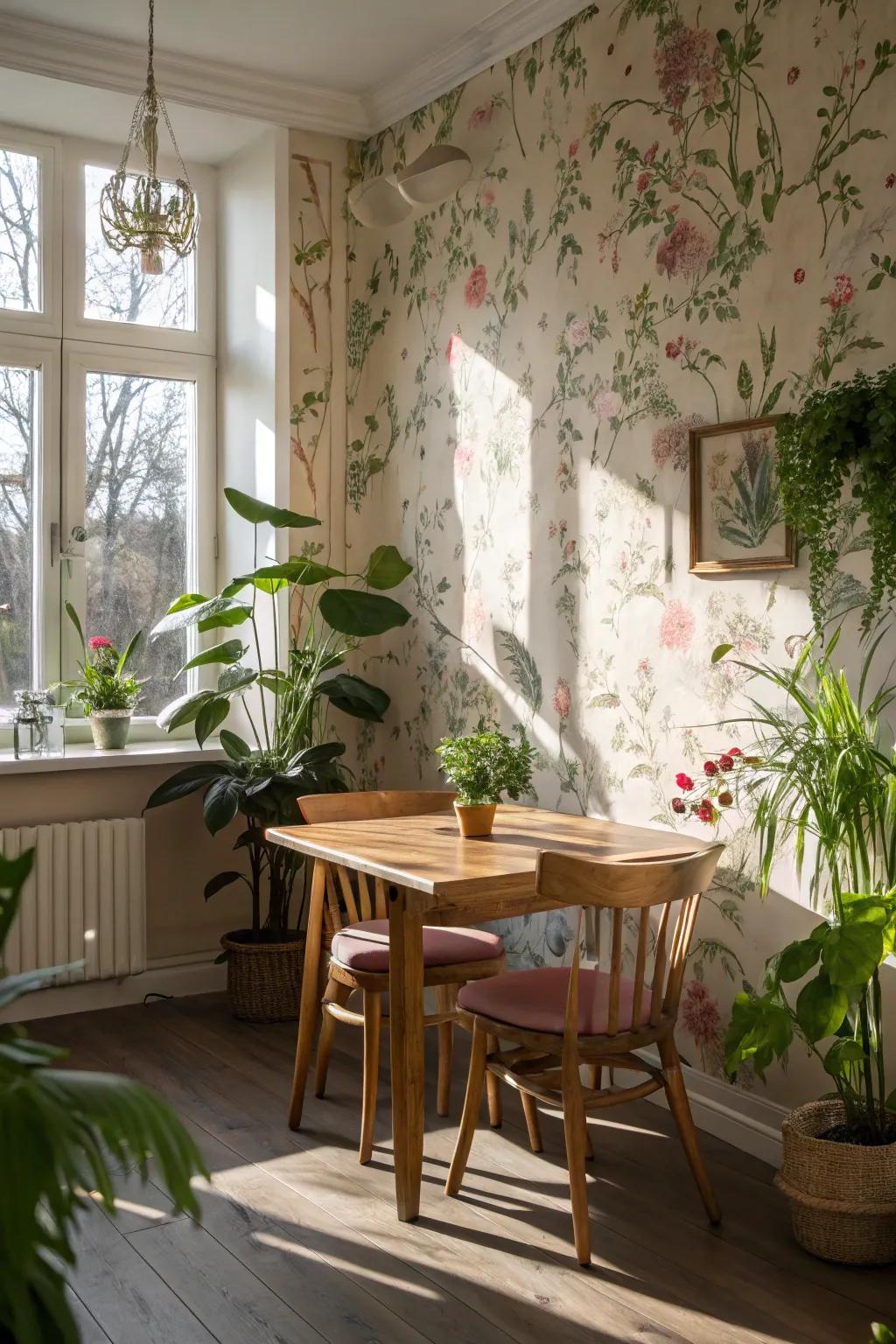 Botanical wallpaper infuses life into a delightful dining space.