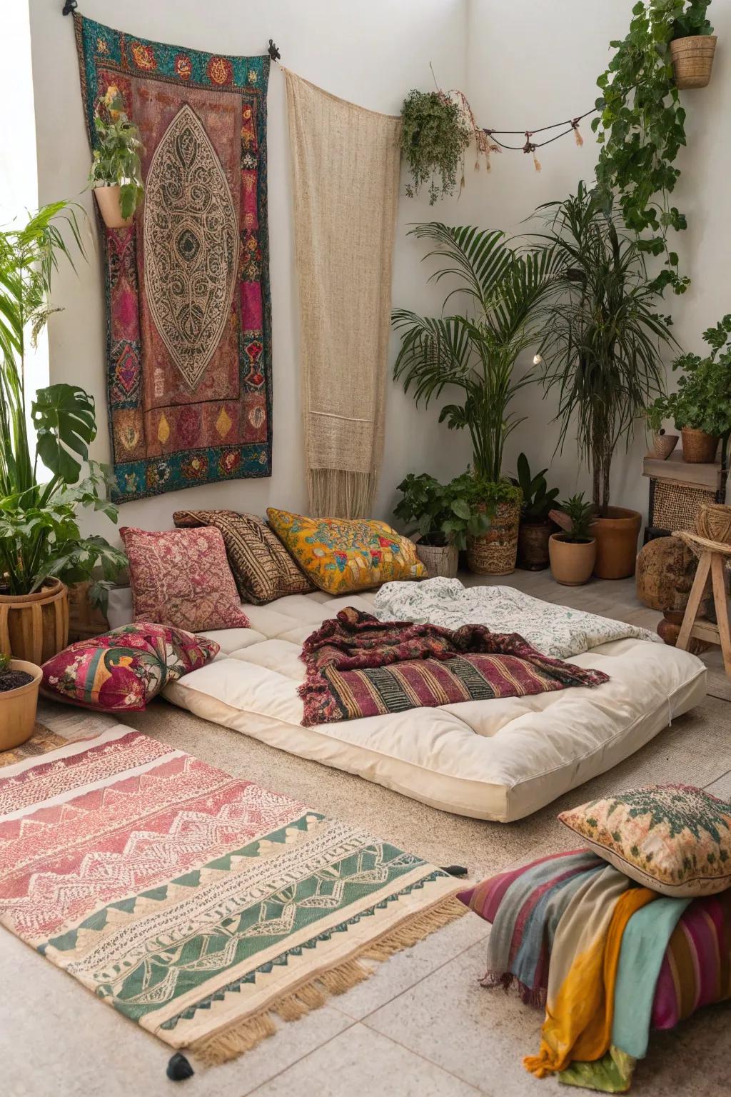 A bohemian-inspired setting featuring a mattress on the floor.