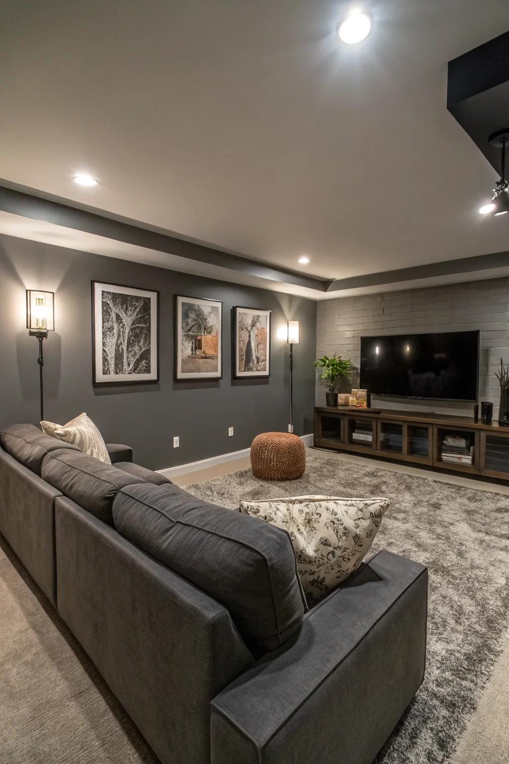 A stylish media room with slate gray walls, illustrating understated modernity.