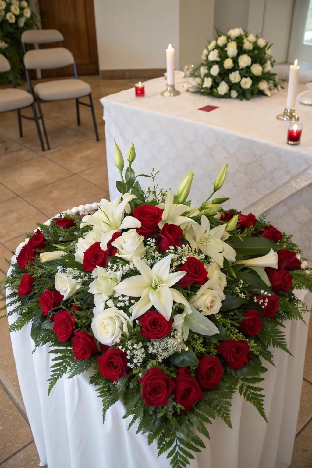 Floral arrangements contribute beauty and sentiment to the tribute table.