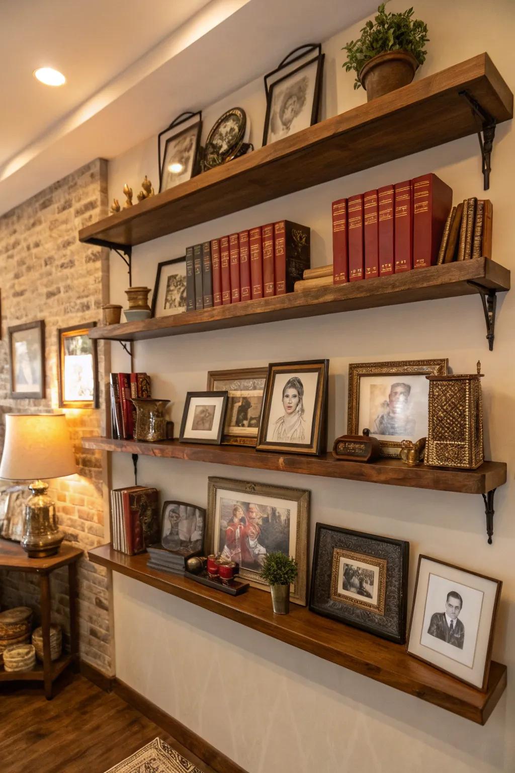 Attractive ledges filled using loved souvenirs forming a vibrant memorial display.