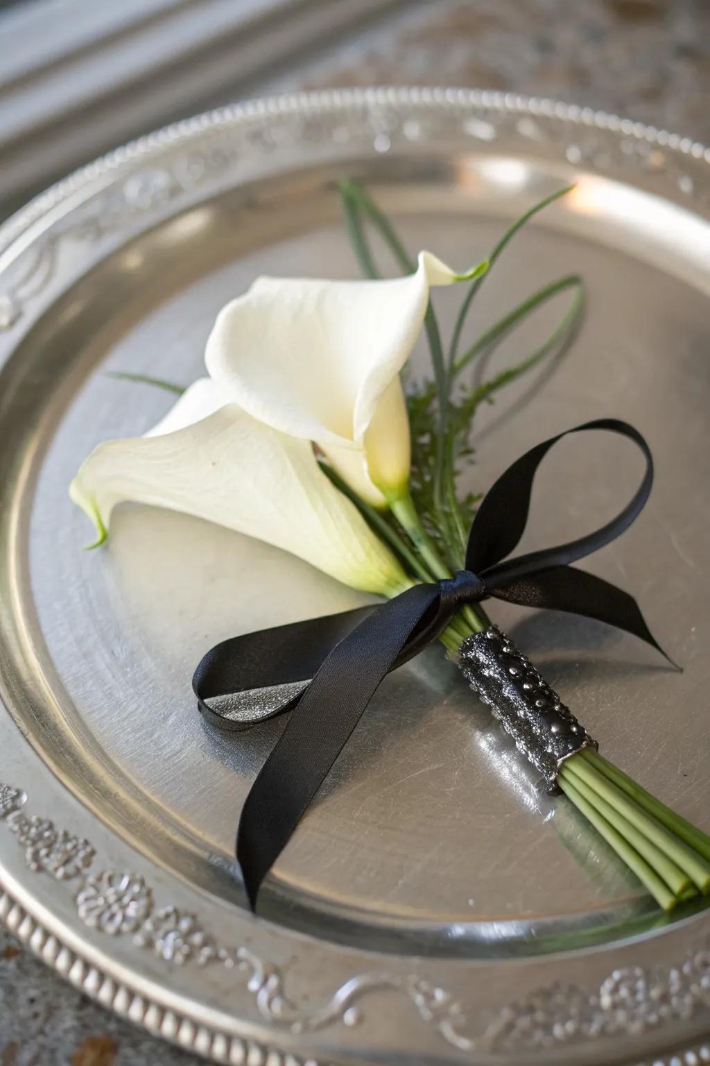 Sculpted lily accessories bring modern elegance to any suit.