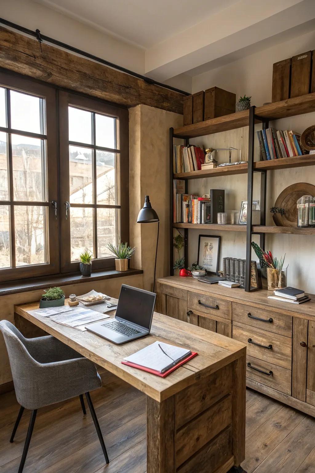 A recycled wood desk paired with matching shelves adds character to the office.