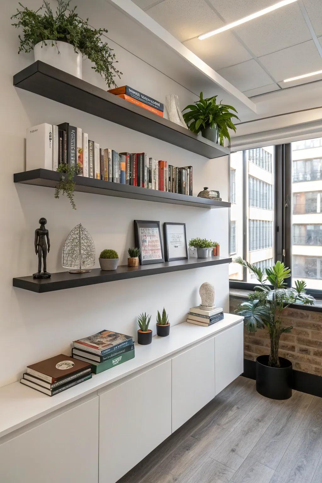Floating shelves provide elegant storage solutions, saving valuable floor space.