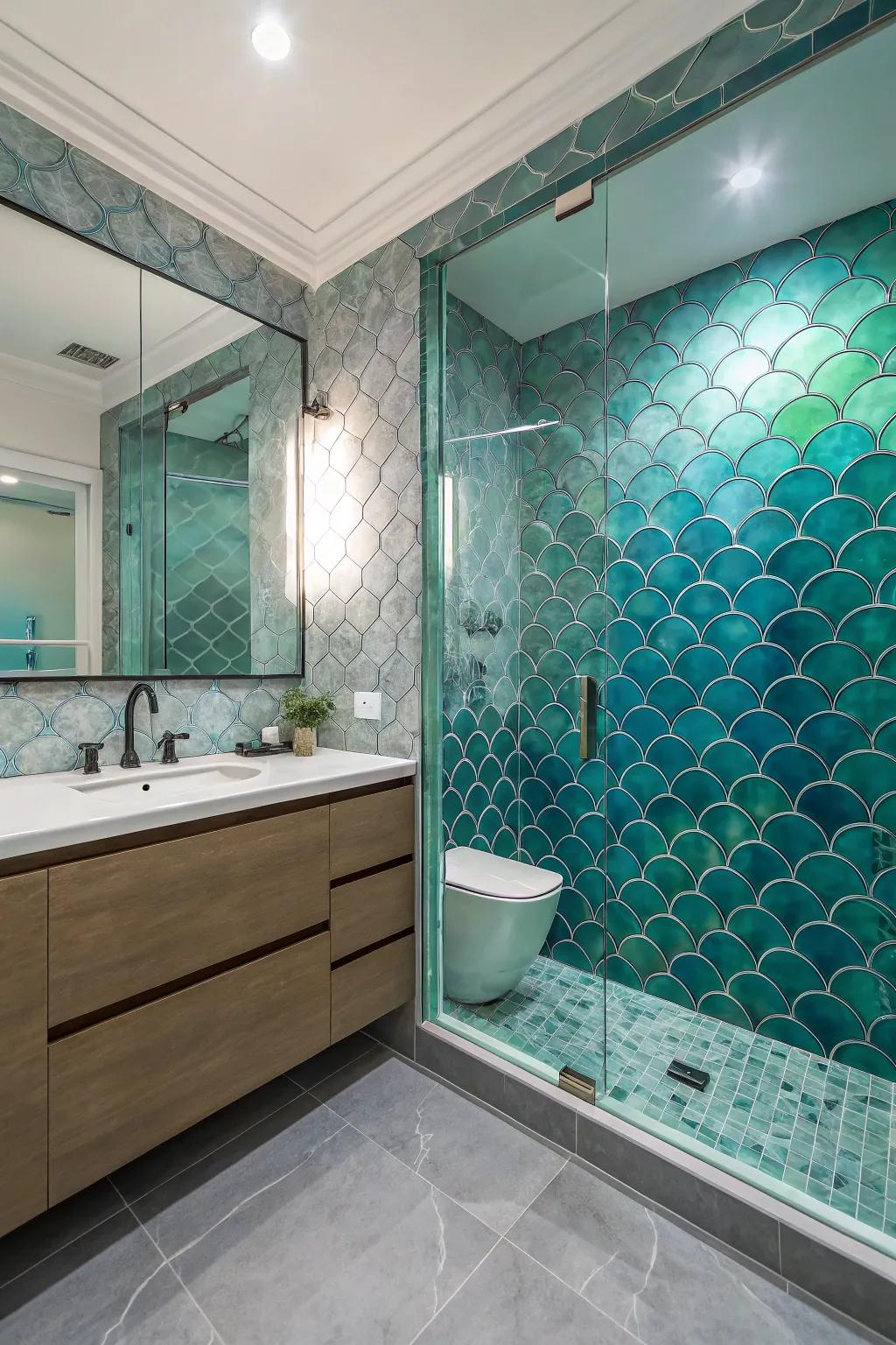 Mermaid scale textured surfaces make a fascinating and dynamic wall detail.