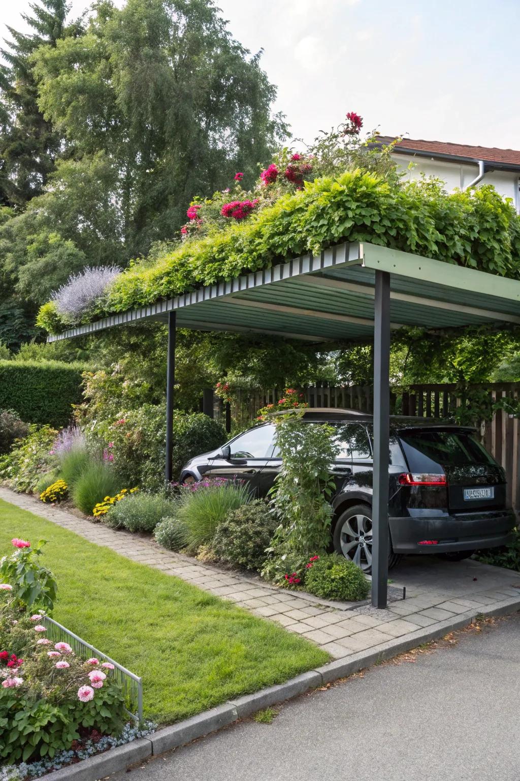 A living roof on a carport creates an energetic and eco-conscious centerpiece.