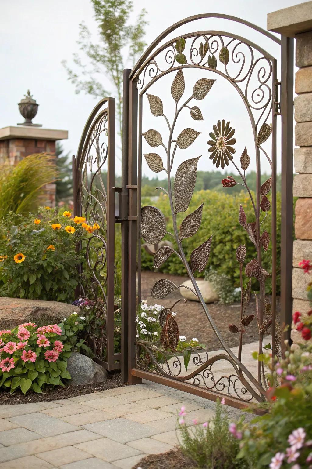 Nature-inspired themes impart an artistic flair to metal gates.