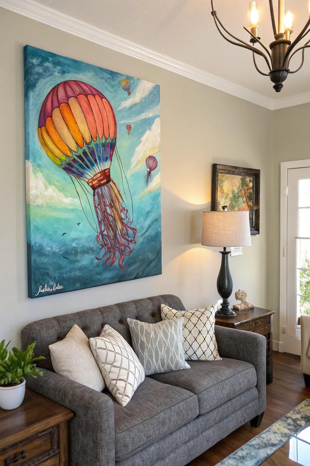 A hot air balloon drifts into a jellyfish, bringing playfulness to your house.
