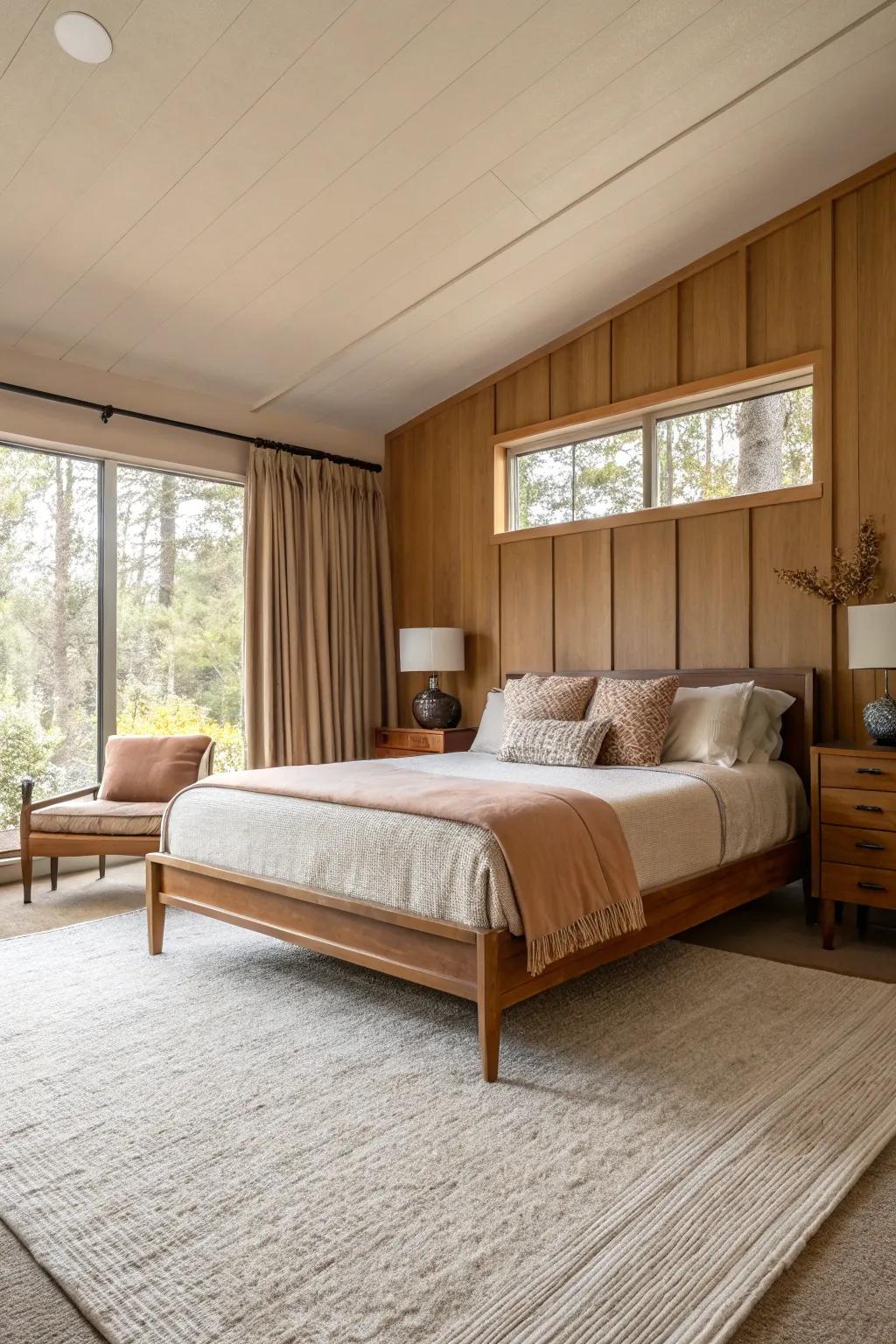 A mid-century modern bedroom showcasing a calming palette of neutral and earthy colors.